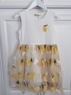 Doe A Dear Sleeveless White and Yellow Pineapple Tulle Dress for Girls